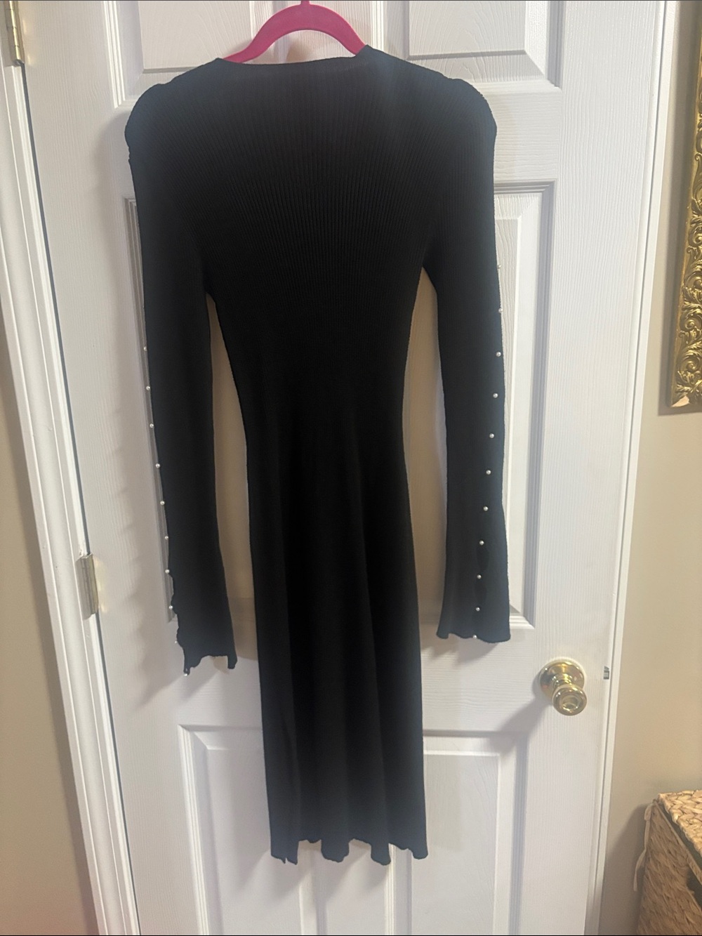 Black Long Sleeve Midi Dress with Pearl Sleeve Detail Med
